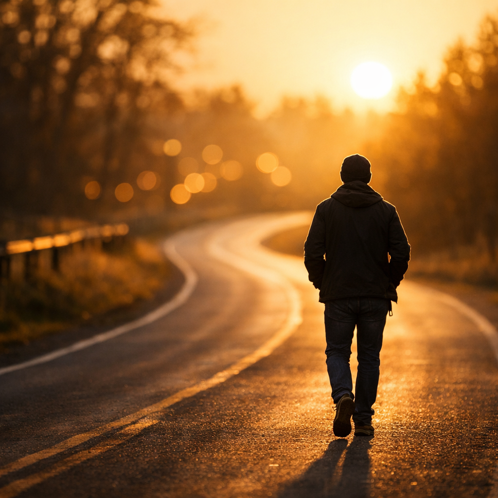 A solitary figure strolls down a desolate winding road bathed in the warm embrace of golden hour The sun casts a gentle glow ahead illuminating the pa
