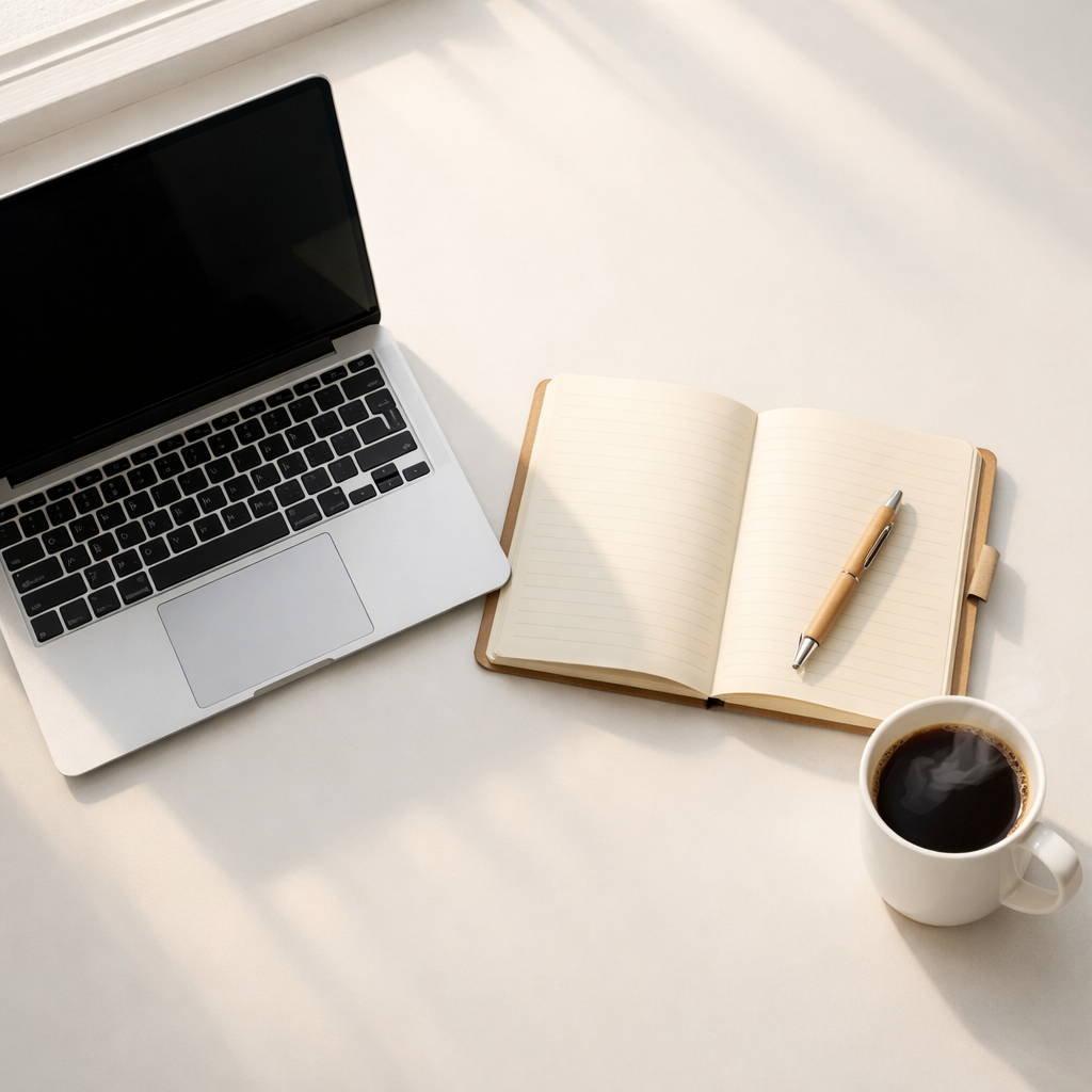 In a serene minimal workspace a sleek laptop rests beside an open notebook with a steaming coffee cup adding a touch of warmth The white desk is illum-1